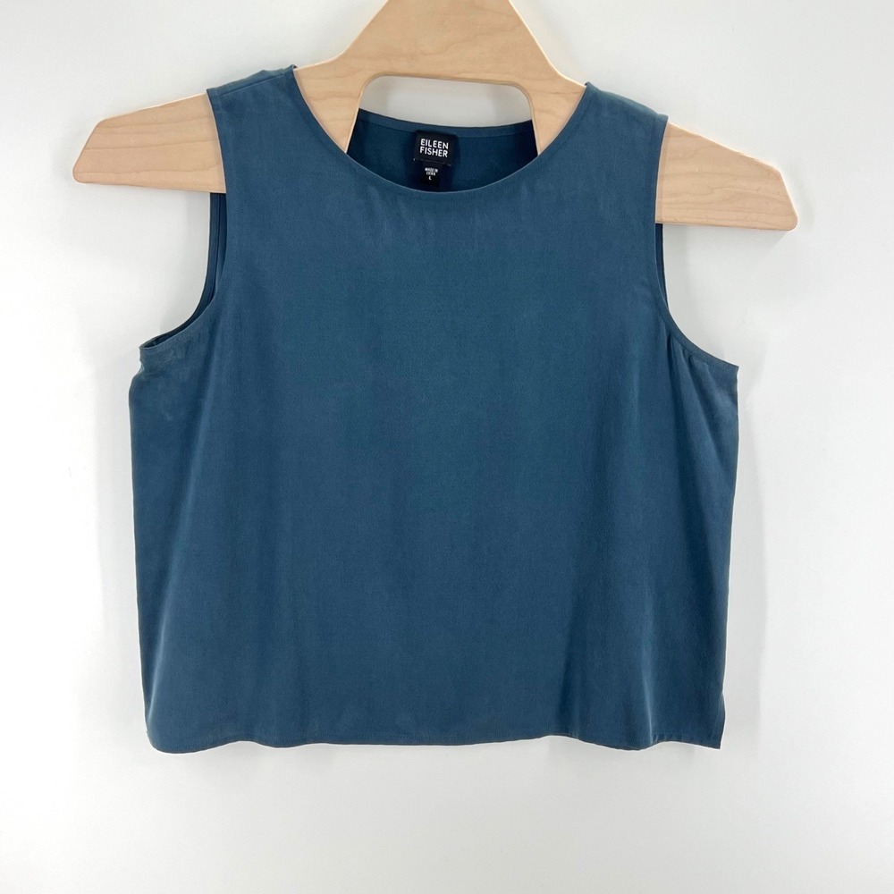 Eileen Fisher 100% Silk Sleeveless Blouse Size L Tank Top Blue Minimalist Luxuy